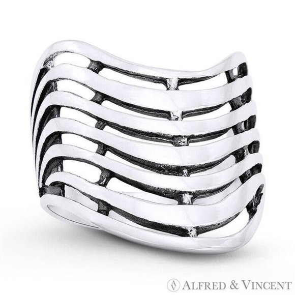 Multi Row Wide-Design V-Ring in Oxidized .925 Sterling Silver - Size 7 - Picture 1 of 1